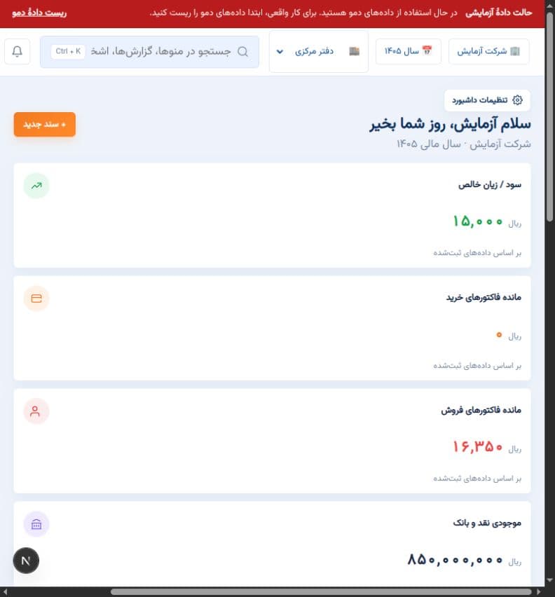 داشبورد واقعی حساب در حالت دادهٔ نمایشی